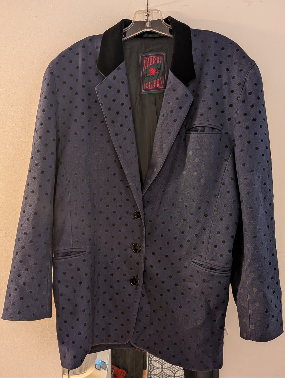 Vintage Mondi Vierra Blue Polka Dot Blazer Black Velvet Collar 38 / M